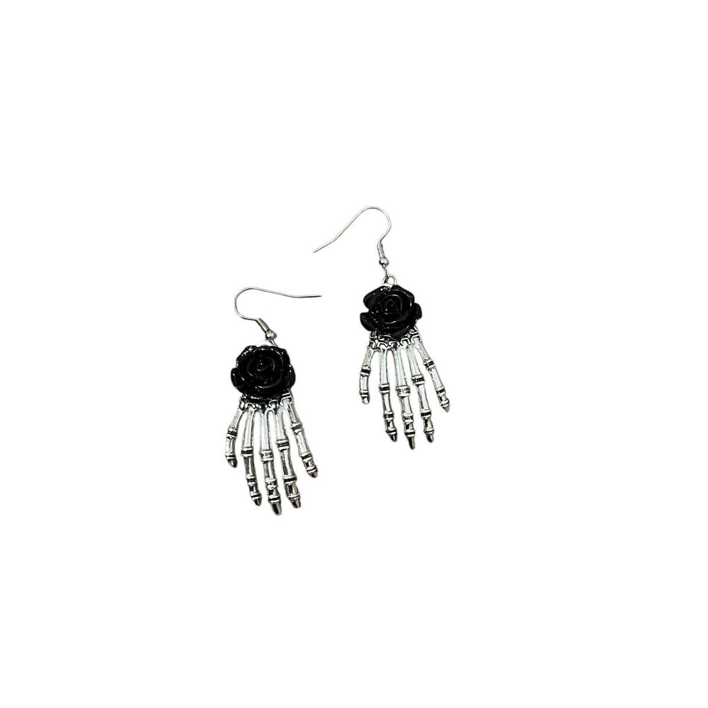 Retro Gothic Rose Skeleton Hands Black Silver Dangle Earrings
